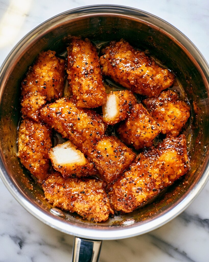 Tossing bite-sized pieces of breaded chicken in a sticky dark hot honey pepper glaze inside a small pot