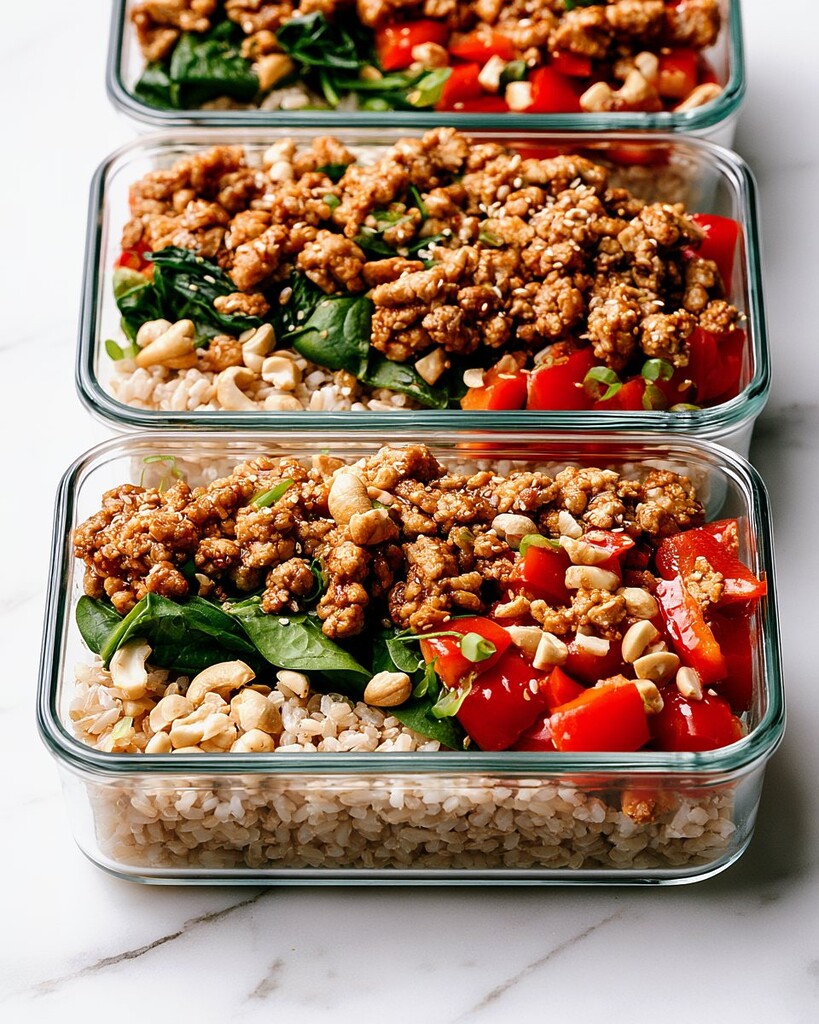 Glass containers of sticky ground turkey with brown rice, spinach, bell peppers, and cashews