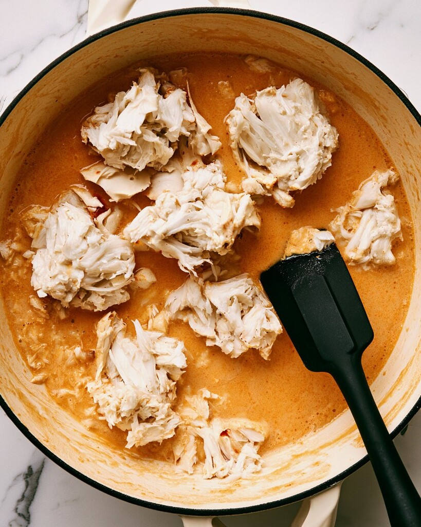 Large chunks of crab meat being gently folded into a creamy orange broth with a spatula