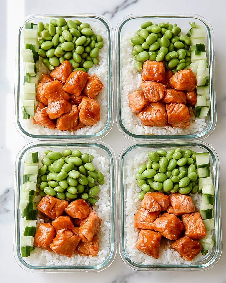 Four glass meal prep containers lined up, filled with white rice, glazed salmon cubes, diced cucumbers, and edamame