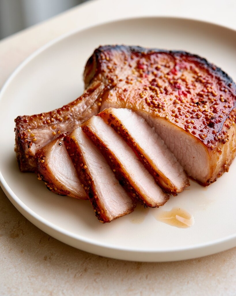 Thick slices of cooked pork showing a light juicy center and dark edges