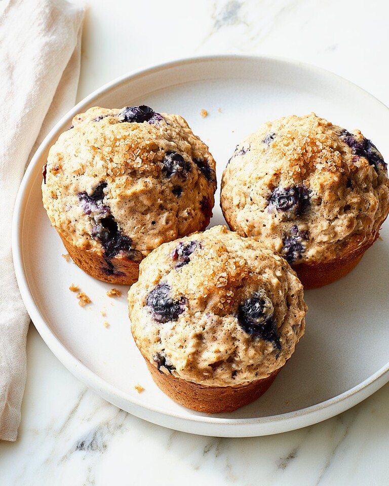 Three blueberry oatmeal muffins on a light plate showing golden crunchy sugar tops