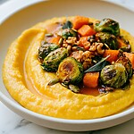 Overhead view of the finished polenta bowl with roasted vegetables and toasted seeds in the center