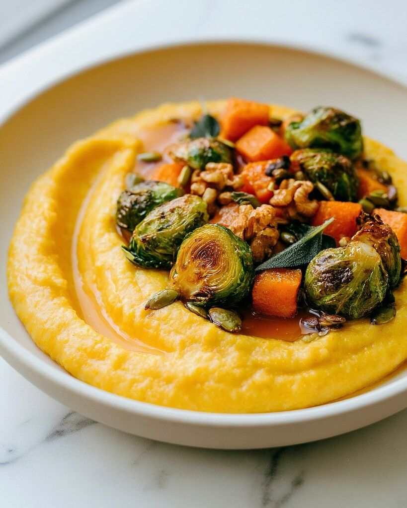 Overhead view of the finished polenta bowl with roasted vegetables and toasted seeds in the center