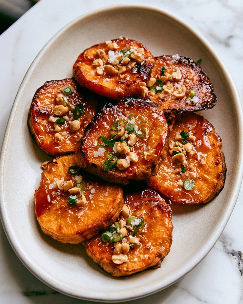 Maple-chili glazed sweet potatoes arranged in an oval serving dish garnished with scallions and peanuts