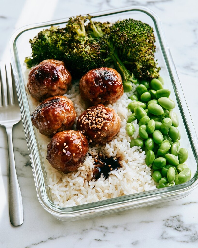 Glazed teriyaki meatballs served over white rice with roasted broccoli and edamame in a glass meal prep bowl