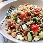 Mediterranean quinoa salad served in a white bowl showing fluffy grains, chickpeas, and fresh vegetables