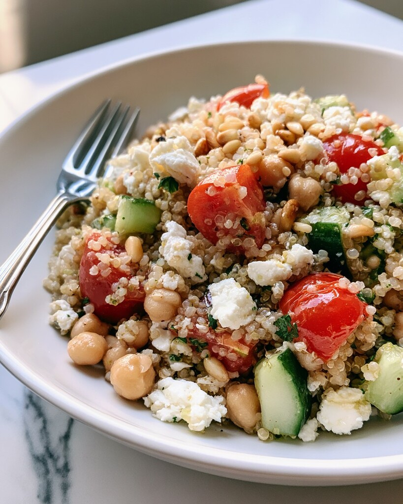 Mediterranean quinoa salad served in a white bowl showing fluffy grains, chickpeas, and fresh vegetables
