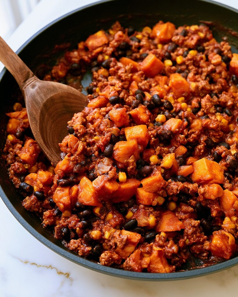Thickened smoky turkey and sweet potato mixture in a skillet
