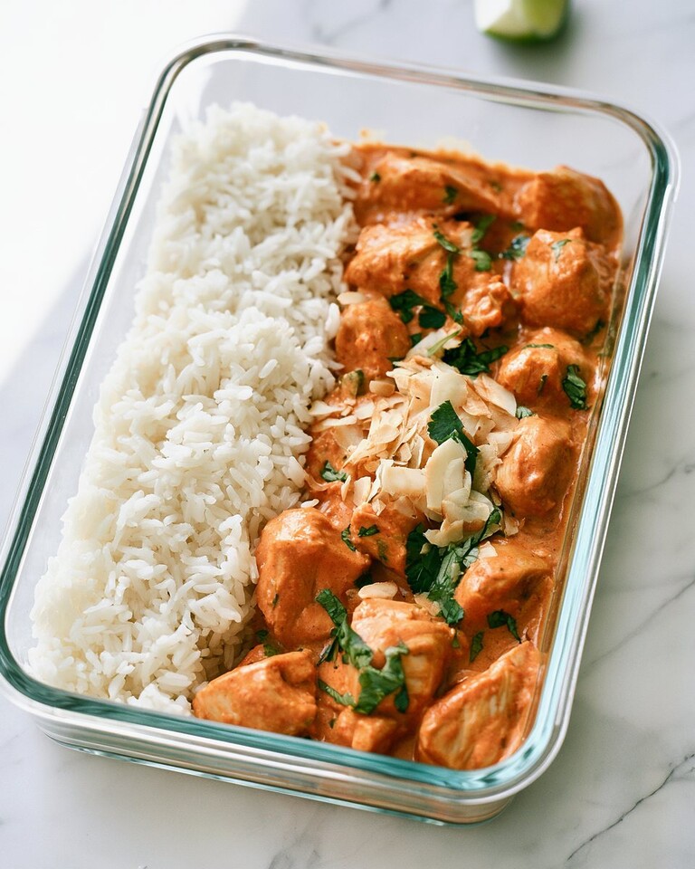 Creamy coconut chicken served with white rice in a glass container topped with toasted coconut and green herbs