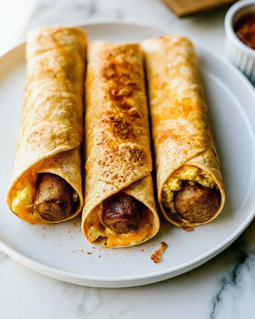 Three golden brown sausage and egg breakfast taquitos arranged side by side on a white plate