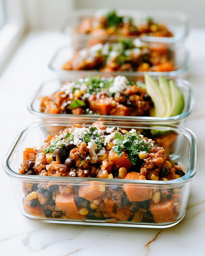 Smoky turkey and sweet potato mixture divided into four glass meal prep containers