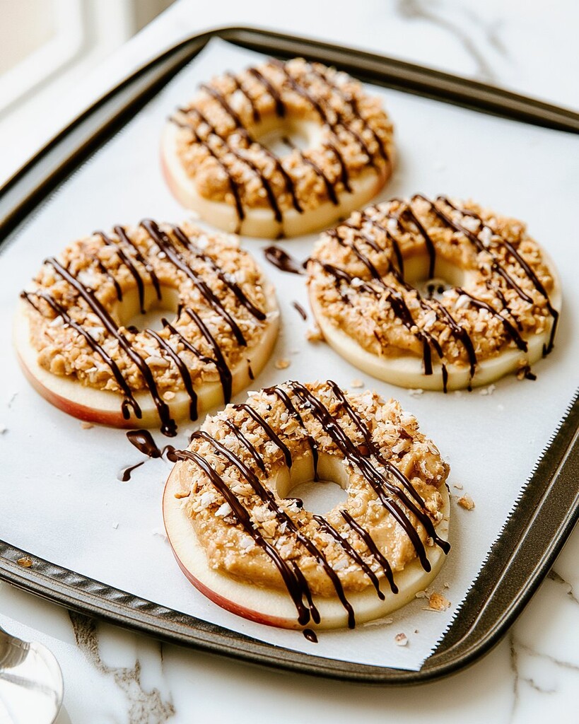 Melted dark chocolate drizzled over coconut coated apple rings on parchment paper