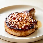 Whole hot honey pork chop on a white plate with a dark caramelized crust and glossy surface