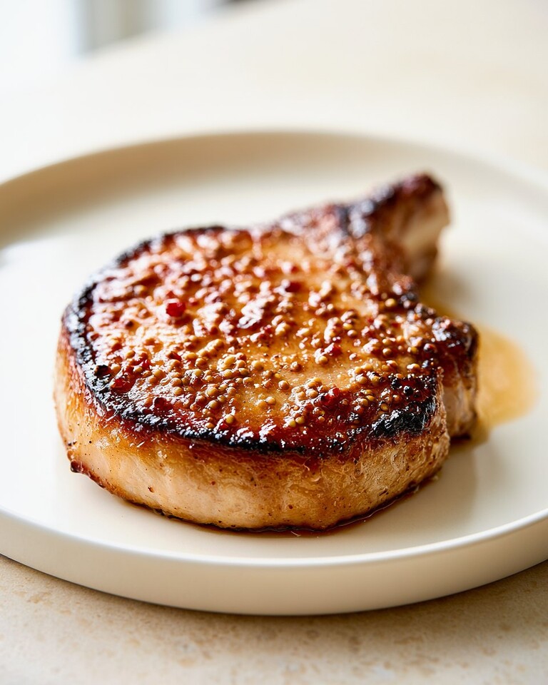 Whole hot honey pork chop on a white plate with a dark caramelized crust and glossy surface