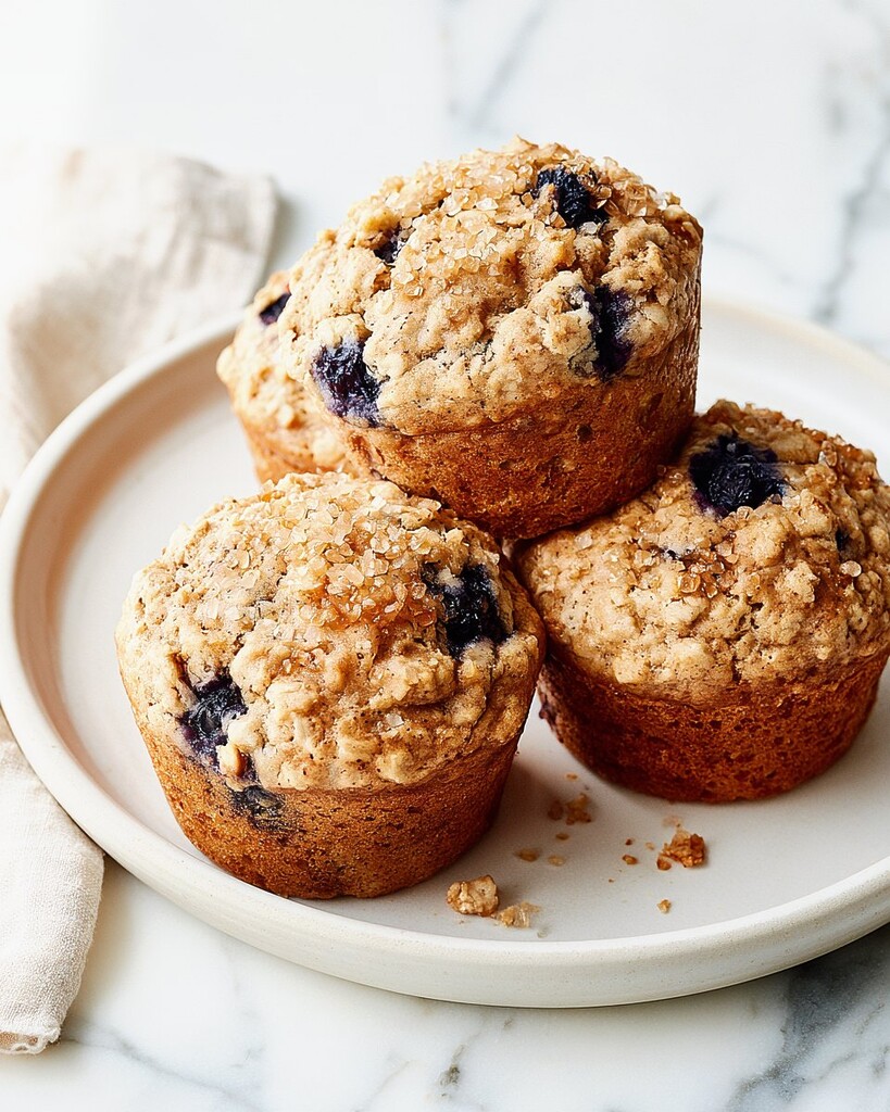 Three finished blueberry oatmeal muffins stacked on a plate highlighting the baked texture