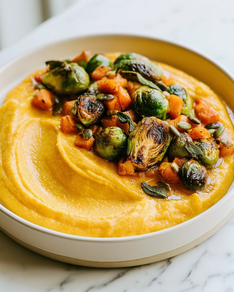 Creamy orange base spread in a shallow dish garnished with roasted vegetables and seeds