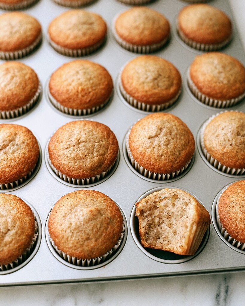 Baked banana cupcakes with domed golden tops resting in a metal muffin tin