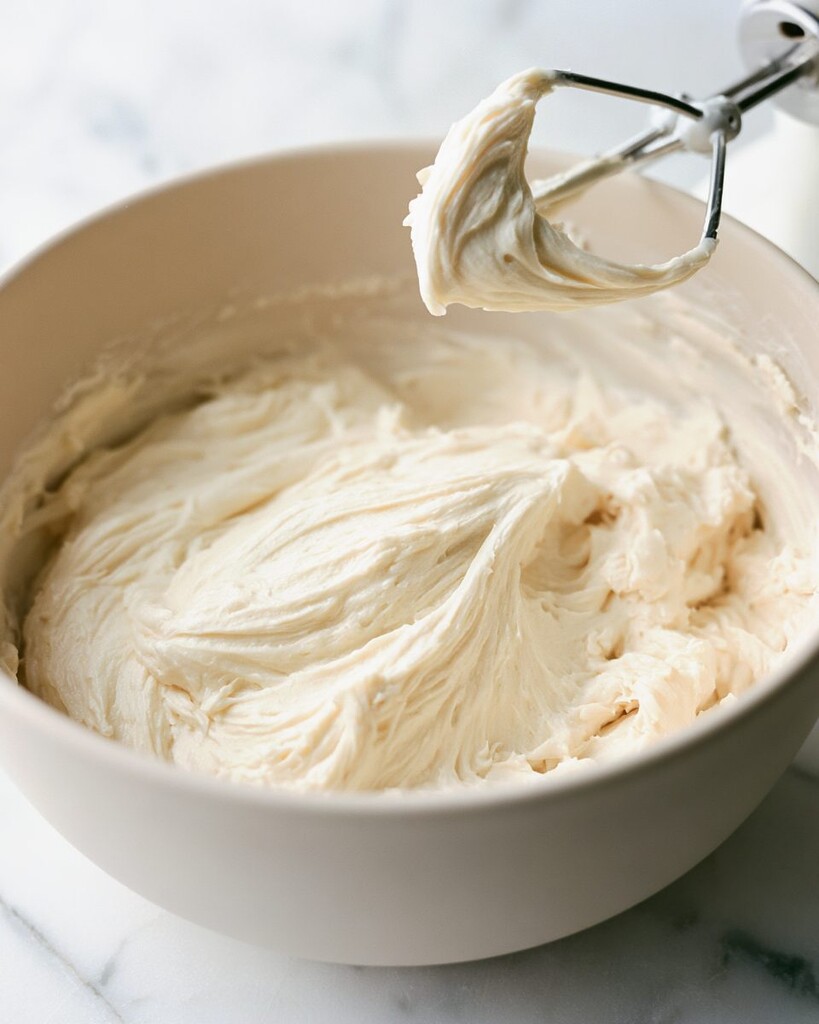 Light and airy browned butter cream cheese frosting inside a glass mixing bowl