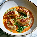 Crispy-Top Red Curry Dumpling Bake in One Pan Crispy-top red curry dumplings served in a shallow bowl with baby bok choy, orange coconut broth, and fresh cilantro