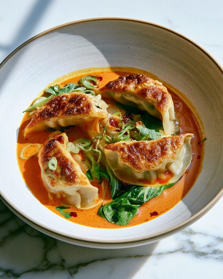 Crispy-top red curry dumplings served in a shallow bowl with baby bok choy, orange coconut broth, and fresh cilantro