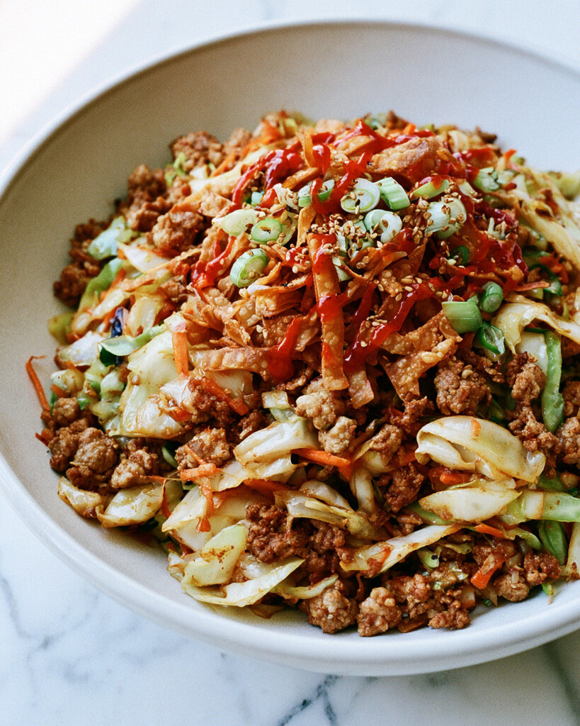 Close-up of the egg roll in a bowl topped with wonton strips, sesame seeds, and a red sriracha drizzle