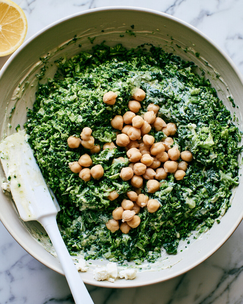 Drained chickpeas being folded into a chopped broccoli salad with a silicone spatula.