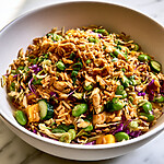 Crispy Rice Salad with Mango for a Make-Ahead Lunch Crispy rice salad with mango and edamame in a wide serving bowl