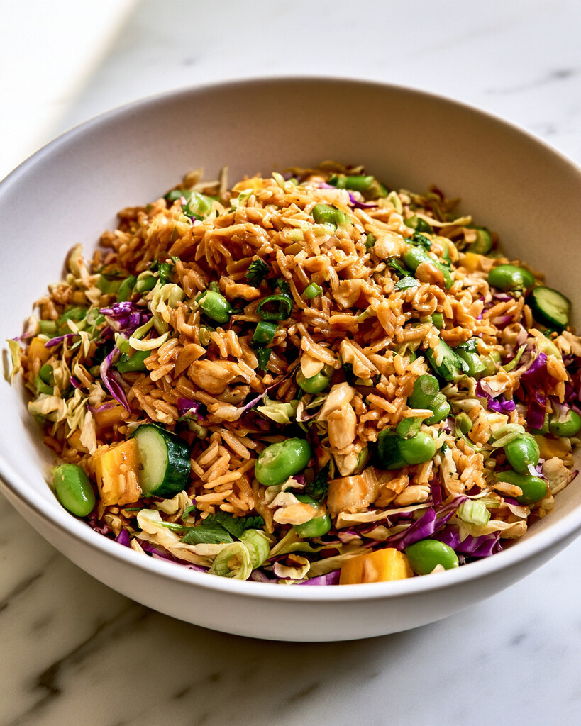 Crispy rice salad with mango and edamame in a wide serving bowl