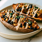 Southwest turkey and black bean stuffed sweet potatoes topped with chipotle crema and cilantro on a plate