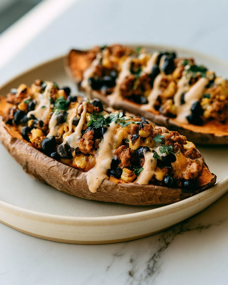 Southwest turkey and black bean stuffed sweet potatoes topped with chipotle crema and cilantro on a plate