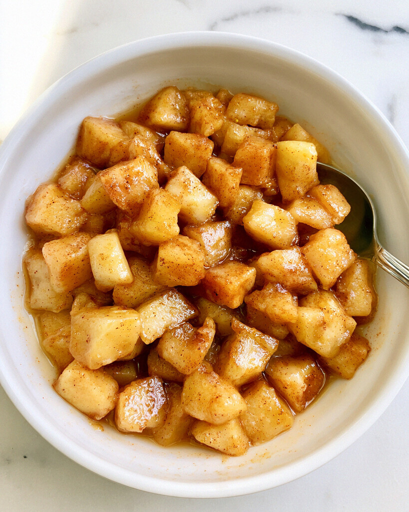Diced apples in a white bowl coated in a shiny golden spice glaze