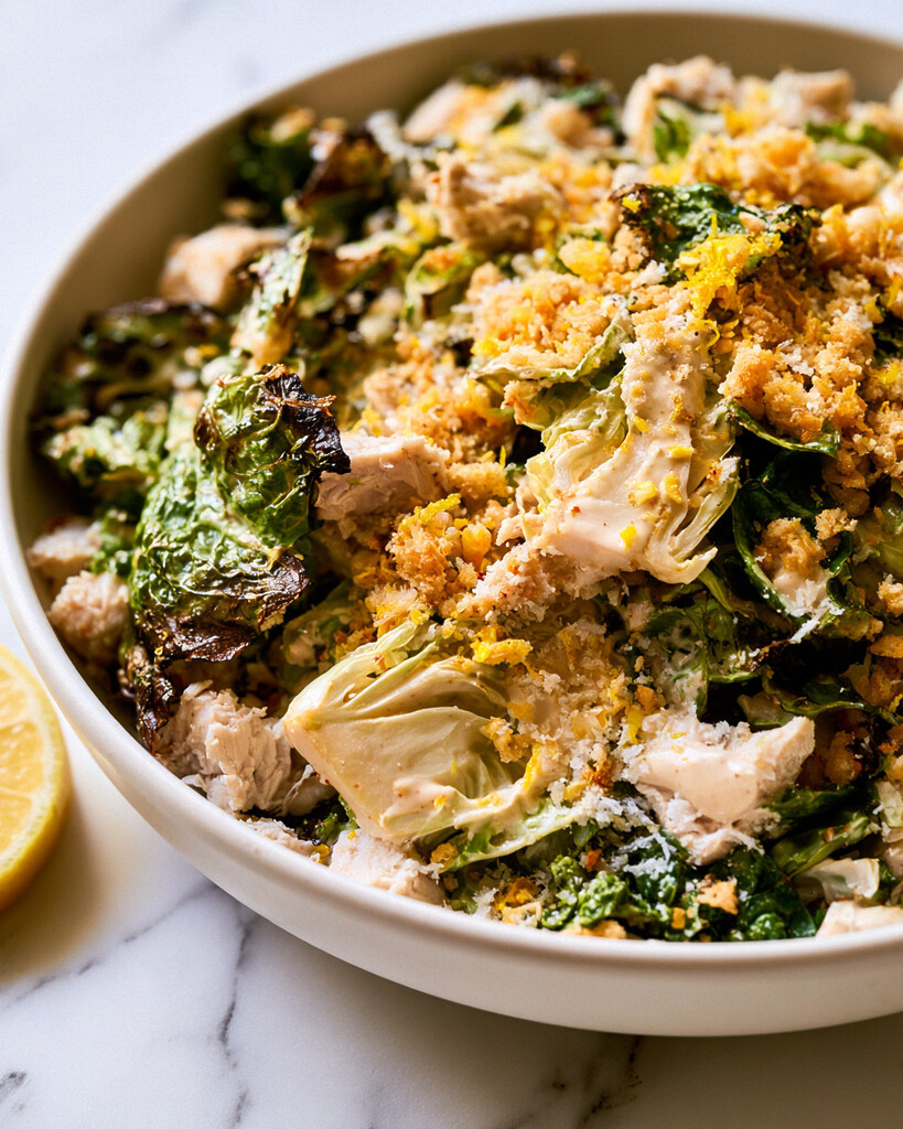 Charred cabbage and chopped chicken Caesar in a white bowl topped with golden panko and lemon zest