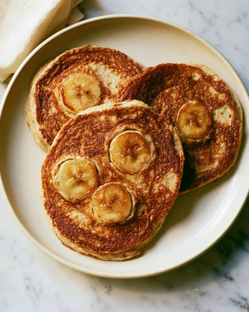 Stack of three thick caramelized banana cottage cheese pancakes on a light ceramic plate