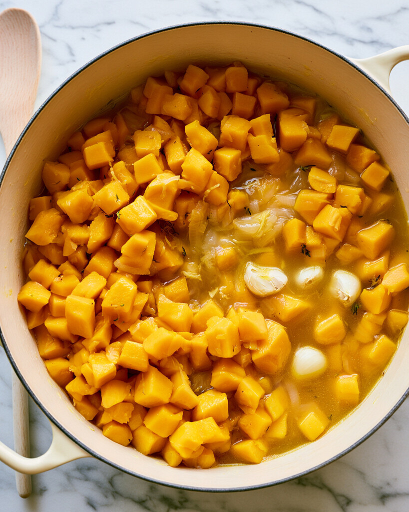 Cubed butternut squash, yellow onions, and garlic cooking in broth inside a Dutch oven