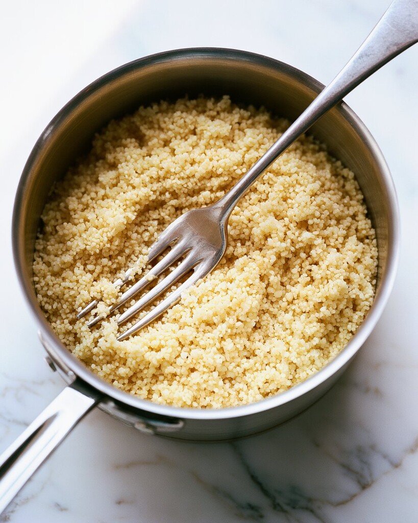 Metal saucepan showing fluffy cooked couscous being separated with a fork