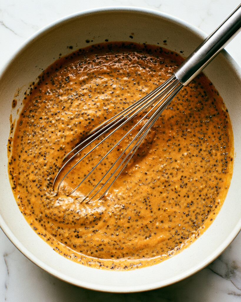 Whisking chia seeds into a thick orange pumpkin mixture inside a white bowl