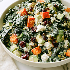 Roasted Sweet Potato and Kale Salad with Maple-Tahini Dressing