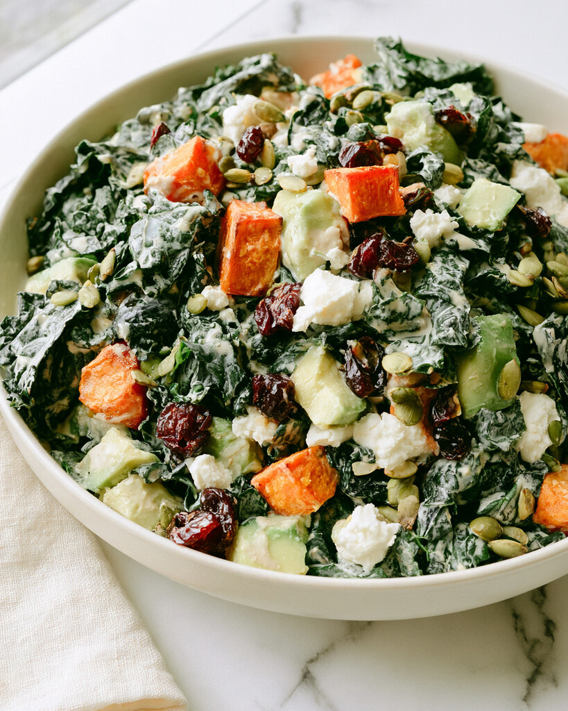 Brightly lit bowl of sweet potato and kale salad topped with diced avocado, goat cheese, dried cherries, and pepitas