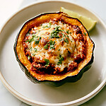 Turkey chili stuffed acorn squash topped with melted cheese, fresh cilantro, and a lime wedge on a light plate