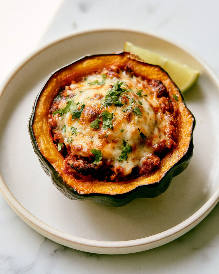 Turkey chili stuffed acorn squash topped with melted cheese, fresh cilantro, and a lime wedge on a light plate