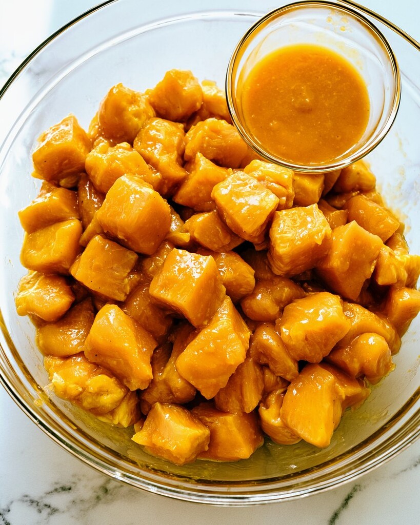 Diced chicken coated in glossy orange marinade inside a glass bowl next to extra sauce