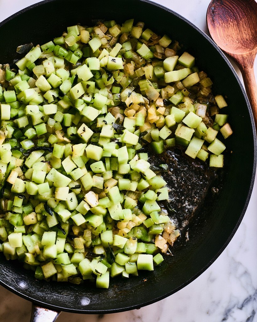 Diced apples, celery, and onions sautéing with herbs in a black skillet