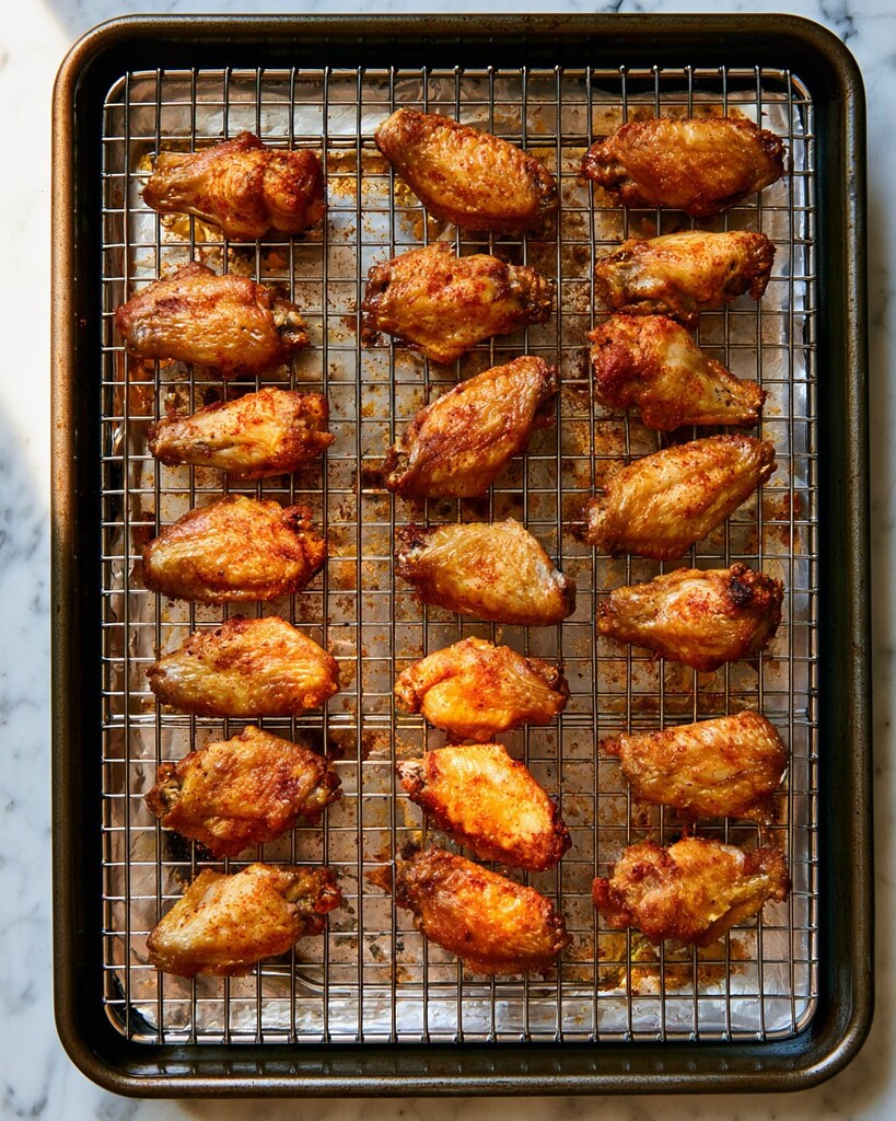 Baked chicken wings with a golden, crispy skin on a wire rack over a foil-lined tray