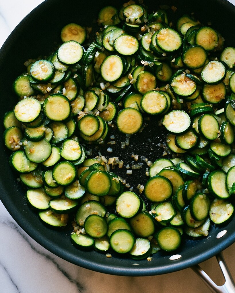 Sautéing sliced zucchini and diced onions in a black skillet