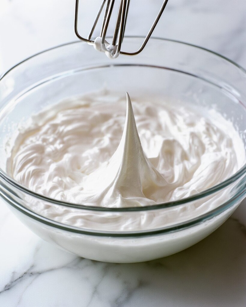 Glossy white Swiss meringue whipped into stiff peaks in a glass bowl