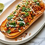 Thai-inspired crispy rice stuffed butternut squash garnished with cashews and fresh herbs on a light plate