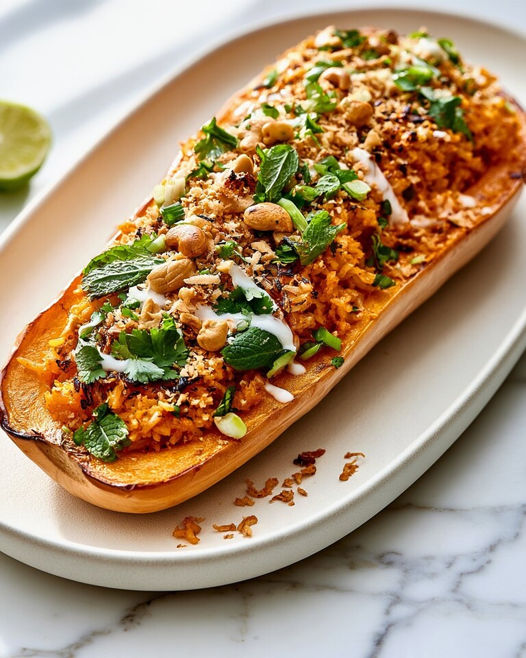 Thai-inspired crispy rice stuffed butternut squash garnished with cashews and fresh herbs on a light plate