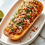 Roasted butternut squash boat packed with crispy orange rice, topped with fresh herbs and a white drizzle