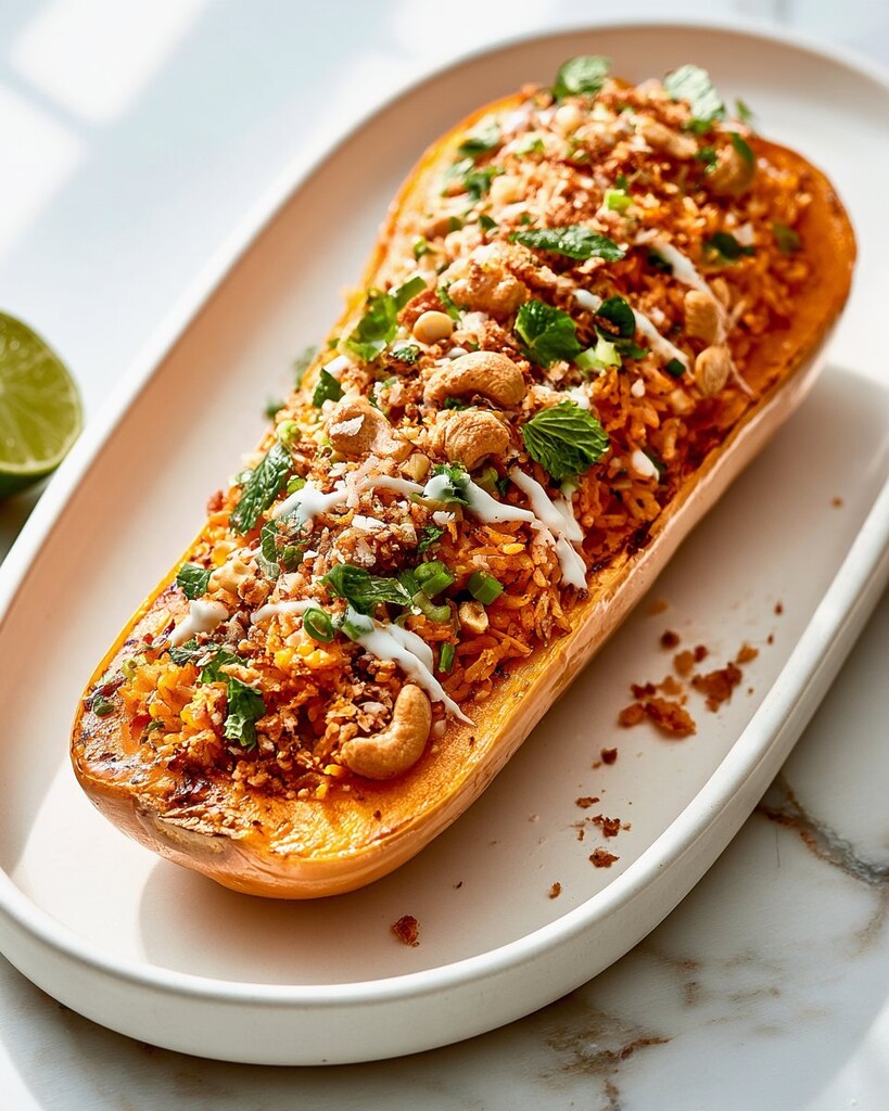 Roasted butternut squash boat packed with crispy orange rice, topped with fresh herbs and a white drizzle